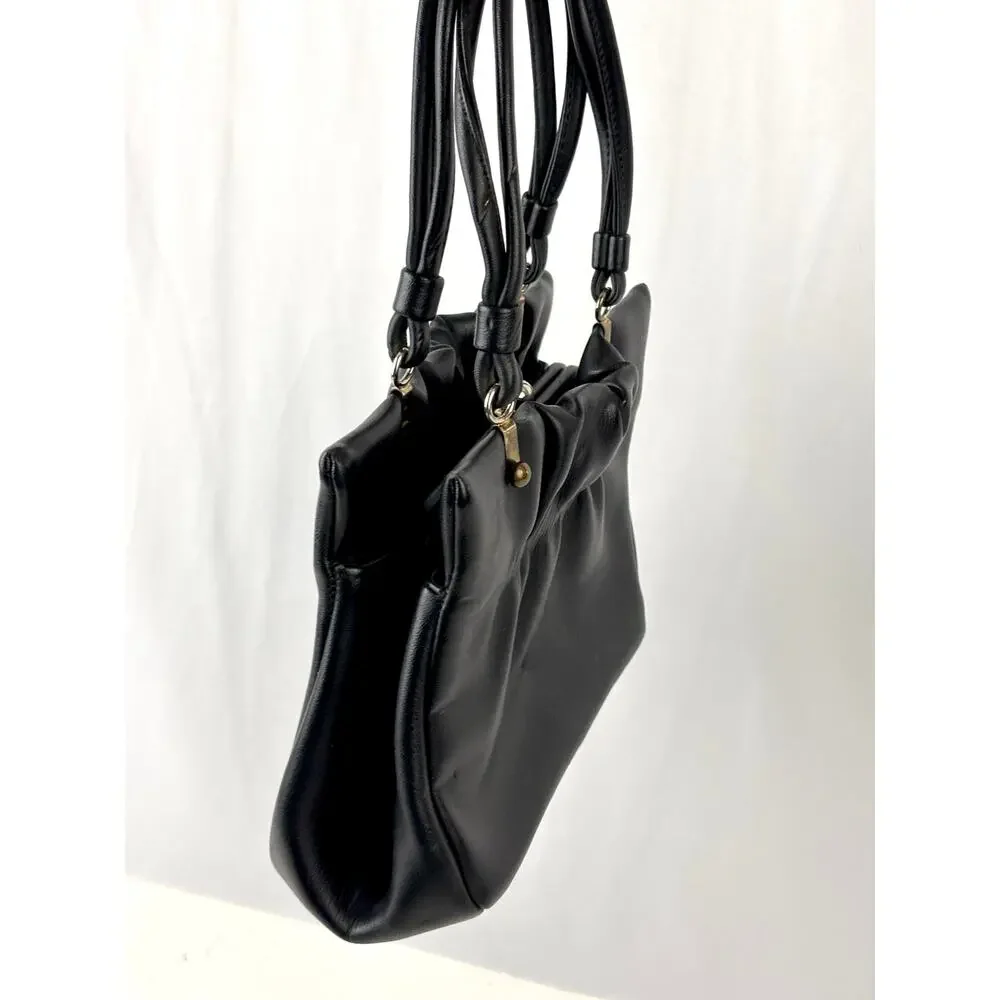 Vintage 1950s 60s‎ Black Gathered Leather Top Handle Purse Clasp Closure